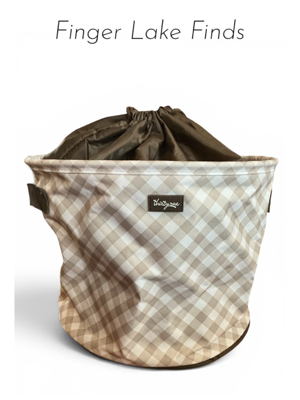 Thirty-One Drawstring Storage Bin in Beige Gingham